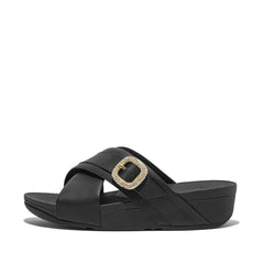 FitFlop Women's Lulu Crystal-Buckle Leather Cross Slides Wedge Sandal, Black