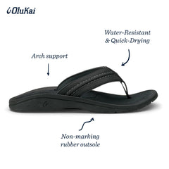 Men's Shoes OluKai HOKUA Water Resistant Flip Flop Sandals 10161-4042 BLACK