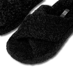 FitFlop Women's Iqushion D-Luxe Padded Teddy Cross Slides Wedge Sandal, All Black