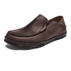 OLUKAI Moloa Men's Leather Slip On Shoes, Waxed Nubuck Leather , Dk Wood/Dk Java