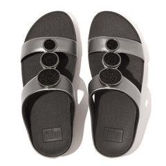 FitFlop Women's Halo Bead-Circle Metallic H-Bar Slides Wedge Sandal, Pewter Black