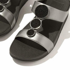 FitFlop Women's Halo Bead-Circle Metallic H-Bar Slides Wedge Sandal, Pewter Black